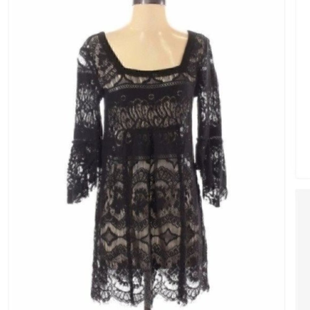 Free People BLACK Lace Square Neck Mini Dress Size XS 3/4 Sleeve SHEER BOHO FEST